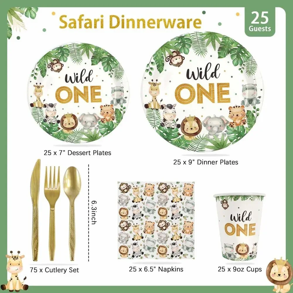 175 Pc Wild One Birthday Party Supplies Set 25 Guests Safari Jungle Tableware